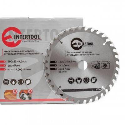 Будкрам купить Диск пильный по дереву с твердосплавными напайками 200x25,4x1,5 мм; 36 зубьев INTERTOOL CT-3020 Диск пильный по дереву с твердосплавными напайками 200x25,4x1,5 мм; 36 зубьев INTERTOOL CT-3020 3