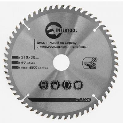 Будкрам купить Диск пильный по дереву с твердосплавными напайками 210x30x1,5 мм; 60 зубьев INTERTOOL CT-3024