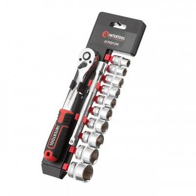 Будкрам купити Набір головок 3/8 " 10-24 мм., подовжувач, рукоятка з храповим механізмом 72 зуба, 12ед., Cr-V STORM INTERTOOL ET-8013