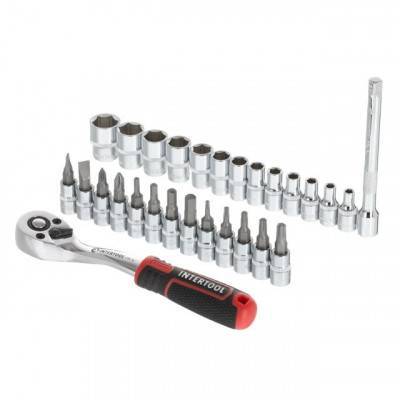 Будкрам купить Набор головок 1/4" 4-14 мм., TORX, PH, HEX, SL, удлинитель, рукоятка с храповым механизмом 72 зуба, 28ед., Cr-V STORM INTERTOOL ET-8018 Набор головок 1/4" 4-14 мм., TORX, PH, HEX, SL, удлинитель, рукоятка с храповым механизмом 72 зуба, 28ед., Cr-V STORM INTERTOOL ET-8018 2