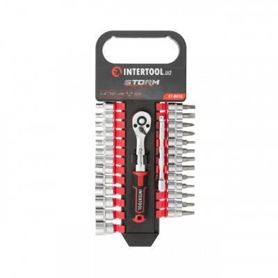Будкрам купить Набор головок 1/4" 4-14 мм., TORX, PH, HEX, SL, удлинитель, рукоятка с храповым механизмом 72 зуба, 28ед., Cr-V STORM INTERTOOL ET-8018 Набор головок 1/4" 4-14 мм., TORX, PH, HEX, SL, удлинитель, рукоятка с храповым механизмом 72 зуба, 28ед., Cr-V STORM INTERTOOL ET-8018 3