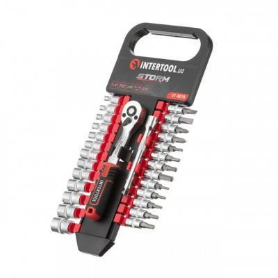 Будкрам купить Набор головок 1/4" 4-14 мм., TORX, PH, HEX, SL, удлинитель, рукоятка с храповым механизмом 72 зуба, 28ед., Cr-V STORM INTERTOOL ET-8018