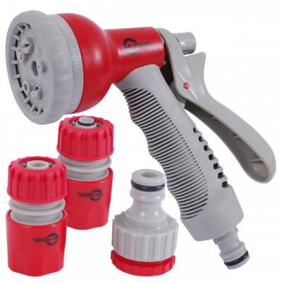 Будкрам купити Пистолет-распылитель для полива, 8 функций + адаптер с резьбой 1/2", 3/4" и 2 коннектора для шланга 1/2" INTERTOOL GE-0002