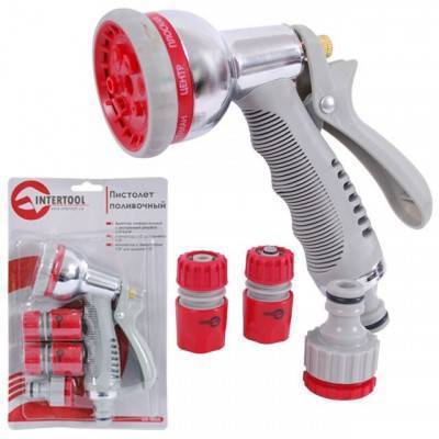 Будкрам купити Пистолет-распылитель для полива хромированный, 8 функций + адаптер с резьбой 1/2", 3/4" и 2 коннектора для шланга 1/2" INTERTOOL GE-0005