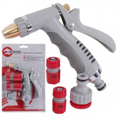 Будкрам купити Пистолет-распылитель для полива хромированный, плавная регулировка потока воды + адаптер с резьбой 1/2", 3/4" и 2 коннектора для шланга 1/2" INTERTOOL GE-0014