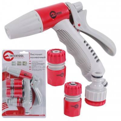 Будкрам купити Пистолет-распылитель для полива, плавная регулировка потока воды + адаптер с резьбой 1/2", 3/4" и 2 коннектора для шланга 1/2" INTERTOOL GE-0016