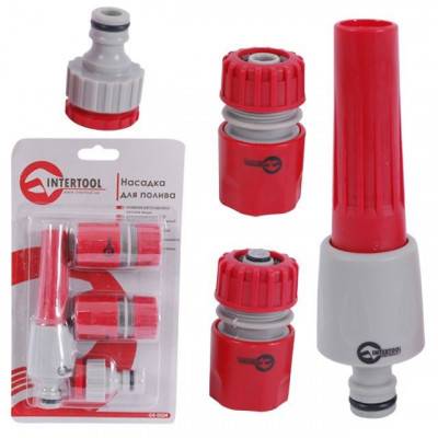 Будкрам купити Насадка для полива с плавной регулировкой потока воды + адаптер с резьбой 1/2", 3/4" и 2 коннектора на шланг 1/2" INTERTOOL GE-0024