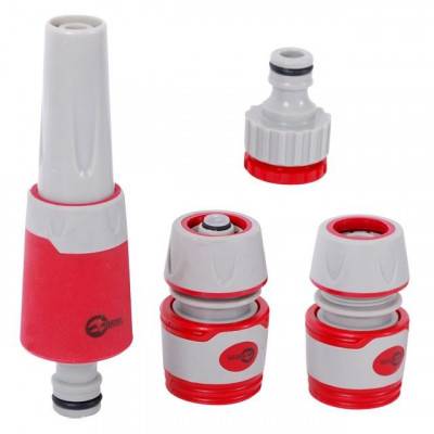 Будкрам купити Насадка для полива с плавной регулировкой потока воды + адаптер с резьбой 1/2", 3/4" и 2 коннектора для шланга 1/2" INTERTOOL GE-0027