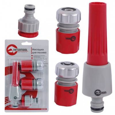 Будкрам купити Насадка для полива с плавной регулировкой потока воды + адаптер с резьбой 3/4", 1" и 2 хромированных коннектора для шланга 1/2" INTERTOOL GE-0031