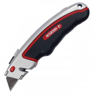 Будкрам купить Нож с выдвижным трапециевидным лезвием, металлический корпус, прорезиненный. INTERTOOL HT-0516