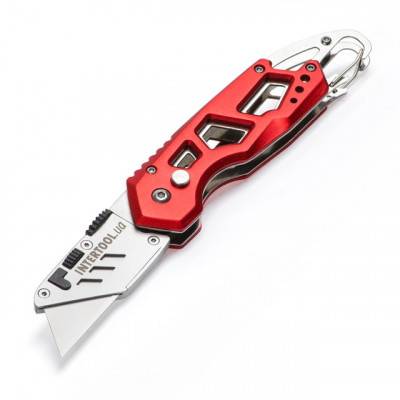 Будкрам купить Нож строительный складной с трапециевидным лезвием, SK5, алюминиевая рукоятка, карабин INTERTOOL HT-0531 Нож строительный складной с трапециевидным лезвием, SK5, алюминиевая рукоятка, карабин INTERTOOL HT-0531 3