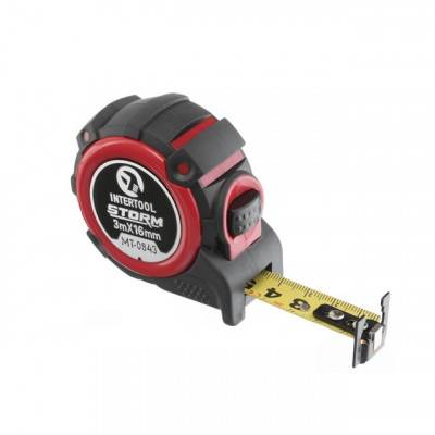 Будкрам купити Рулетка с металлическим полотном, 3м*16мм, двухстороняя шкала, нейлоновое покрытие, двухсторонный зацеп с магнитом, автостоп полотна STORM INTERTOOL MT-0843