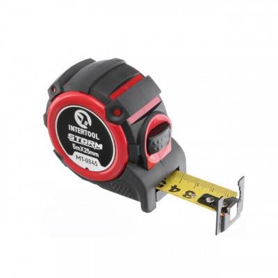 Будкрам купити Рулетка с металлическим полотном, 5м*25мм, двухстороняя шкала, нейлоновое покрытие, двухсторонный зацеп с магнитом, автостоп полотна STORM INTERTOOL MT-0845