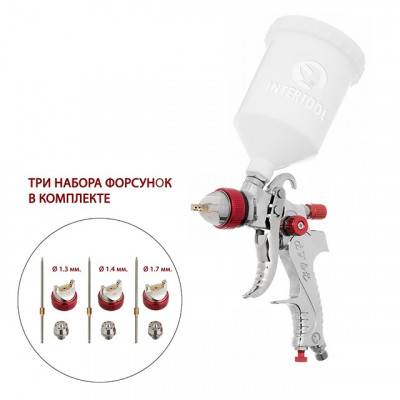 Будкрам купити Краскопульт пневматический HVLP с тремя наборами форсунок-1,3мм, 1,4мм, 1,7мм, пластиковый бачок, 3бар INTERTOOL PT-0153