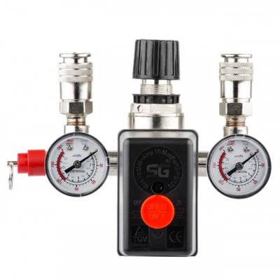 Будкрам купити Прессостат 220В в сборе (прессостат, редуктор, 2 манометра, предохранительный клапан, два выхода) INTERTOOL PT-9094