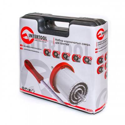 Будкрам купити Набор корончатых сверл для плитки 5 ед. 33-83 мм, вольфрамовое напыление + напильник и чемодан INTERTOOL SD-0428 Набор корончатых сверл для плитки 5 ед. 33-83 мм, вольфрамовое напыление + напильник и чемодан INTERTOOL SD-0428 2