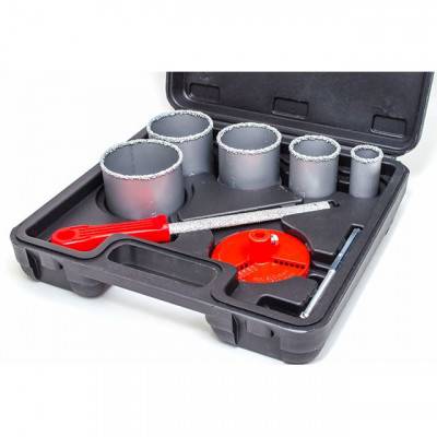 Будкрам купити Набор корончатых сверл для плитки 5 ед. 33-83 мм, вольфрамовое напыление + напильник и чемодан INTERTOOL SD-0428