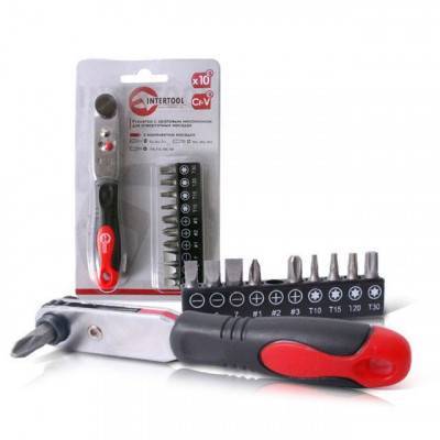 Будкрам купить Рукоятка с храповым механизмом для отверточных насадок с комплектом насадок 10 ед Cr-V INTERTOOL VT-0105