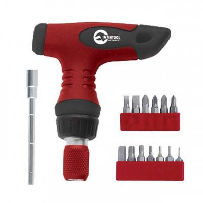 Будкрам купить Отвертка Т-образная реверсивная с цанговым зажимом мини, комплектом насадок 15 ед. INTERTOOL VT-1016
