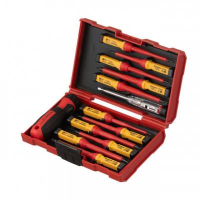 Будкрам купити Набор изолированных отверток с отверткой индикатором 14 ед VDE (SL0.5*3.0*100мм, SL0.8*4.0*100мм, SL1.0*5.5*100мм, SL1.2*6.5*100мм, PH1*80мм, PH2*100 INTERTOOL VT-3614