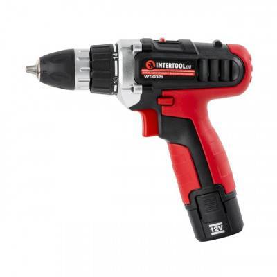 Будкрам купить Дрель-шуруповерт аккумуляторная, Li-Ion 12В, 18Nm,1.3 Ач, 2 скорости, 0-400/0-1500об/мин, 2 аккумулятора, 1 час. зарядка INTERTOOL WT-0321
