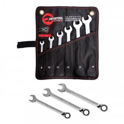 Будкрам купити Набор комбинированных ключей с трещоткой 6 ед., 8-19 мм Cr-V; PROF DIN3113 INTERTOOL XT-1301