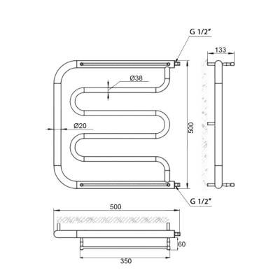 Будкрам купити Полотенцесушитель водяний змійовик D 38/20х1 / 2 " 50х50 з полотенцедержателем Полотенцесушитель водяний змійовик D 38/20х1 / 2 " 50х50 з полотенцедержателем 2