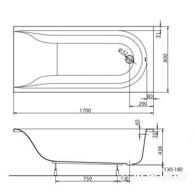 Будкрам купити Ванна акрилова прямокутна MIRRA 170х80 см у комплектi з нiжками та елементами крiплення, біла Ванна акрилова прямокутна MIRRA 170х80 см у комплектi з нiжками та елементами крiплення, біла 3