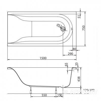Будкрам купити Ванна акрилова прямокутна MIRRA 150х75 см у комплектi з нiжками та елементами крiплення, біла Ванна акрилова прямокутна MIRRA 150х75 см у комплектi з нiжками та елементами крiплення, біла 3