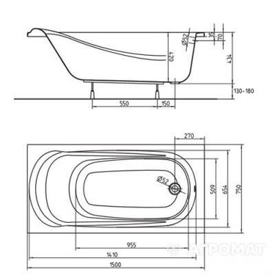 Будкрам купити Ванна акрилова прямокутна SAGA 150х75 см у комплектi з нiжками та елементами крiплення, біла Ванна акрилова прямокутна SAGA 150х75 см у комплектi з нiжками та елементами крiплення, біла 2