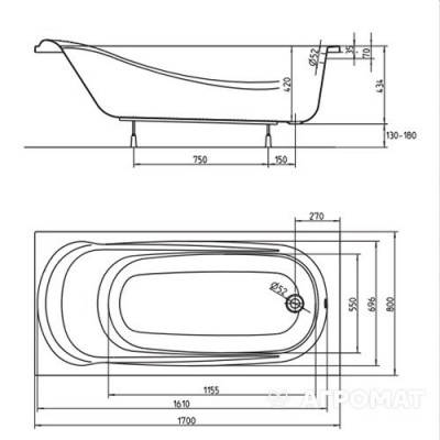Будкрам купити Ванна акрилова прямокутна SAGA 170х80 см у комплектi з нiжками та елементами крiплення, біла Ванна акрилова прямокутна SAGA 170х80 см у комплектi з нiжками та елементами крiплення, біла 3