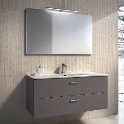 Будкрам купить PLAY 100 Тумба с раковиной подвесная, 2 ящика с ручкой 342мм, MDF цвет GRIGIO SCURO OPACO, зеркало, светильник LED 500мм