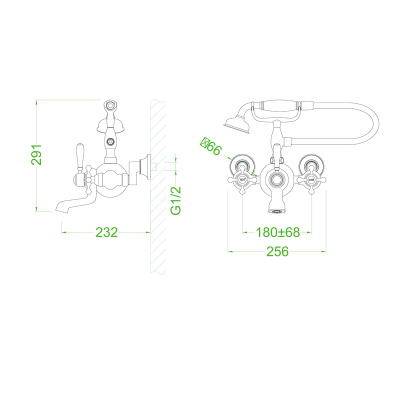 Будкрам купити Charlestone Ceramic Змішувач д/ванни зі стіни, шланг+ ручний душ, золото Charlestone Ceramic Змішувач д/ванни зі стіни, шланг+ ручний душ, золото 3