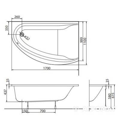 Будкрам купити Ванна акрилова асимметрична MIRRA 170х110 см, права, у комплектi з нiжками та елементами крiплення, біла Ванна акрилова асимметрична MIRRA 170х110 см, права, у комплектi з нiжками та елементами крiплення, біла 3