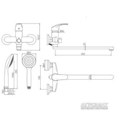 Будкрам купить Palace One Смеситель для ванны и душа, излив 350 мм, с воронкой Palace One Смеситель для ванны и душа, излив 350 мм, с воронкой 2