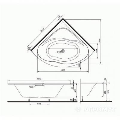 Будкрам купити Ванна акрилова углова INSPIRATION 140х140 см у комплектi з нiжками та елементами крiплення, біла Ванна акрилова углова INSPIRATION 140х140 см у комплектi з нiжками та елементами крiплення, біла 3