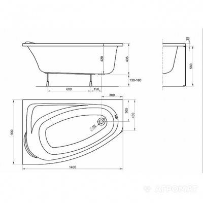 Будкрам купити Ванна акрилова асимметрична MYSTERY 140х90 см, ліва, у комплектi з нiжками та елементами крiплення, біла Ванна акрилова асимметрична MYSTERY 140х90 см, ліва, у комплектi з нiжками та елементами крiплення, біла 3