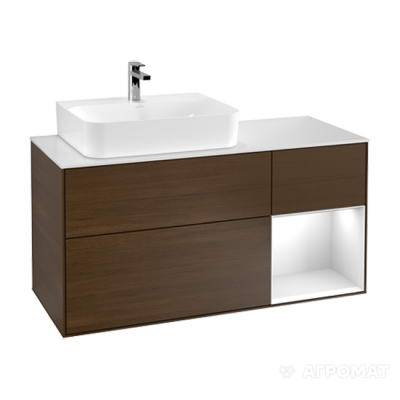 Будкрам купить FINION Тумба под раковину, фасад - орех, столешница - стекло белое