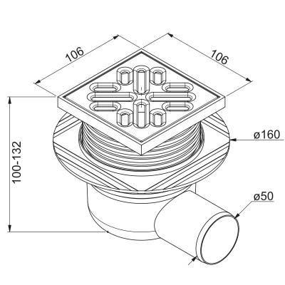 Будкрам купити Трап решiтка нержавiюча сталь 106x106мм, горизонтальний злив d50 Трап решiтка нержавiюча сталь 106x106мм, горизонтальний злив d50 2