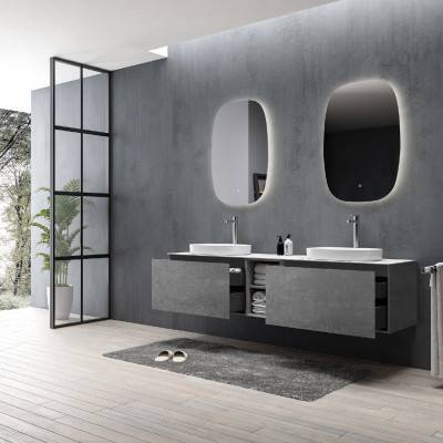 Будкрам купить LINEA Тумба 1900 с двумя глянцевыми керамическими раковинами, серая