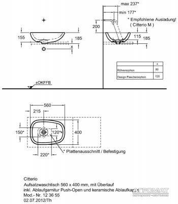 Будкрам купить Citterio Умывальник-столешница 560х400мм, без отв. под смеситель, с переливом Citterio Умывальник-столешница 560х400мм, без отв. под смеситель, с переливом 2