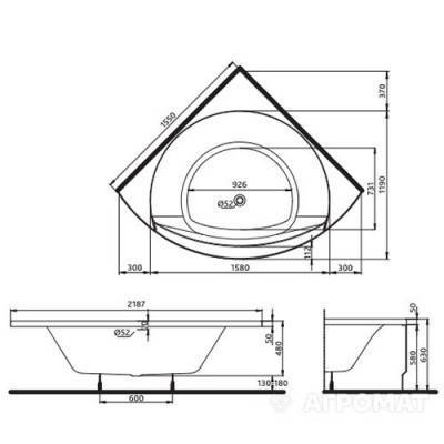 Будкрам купити Ванна акрилова кутова MAGNUM 155х155 см у комплектi з нiжками та елементами крiплення, біла Ванна акрилова кутова MAGNUM 155х155 см у комплектi з нiжками та елементами крiплення, біла 3