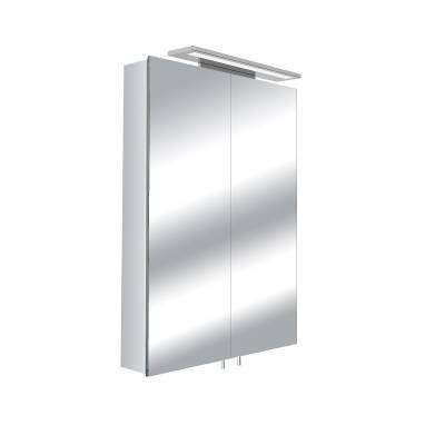 Будкрам купить Шкафчик зеркальный из анодированного алюминия. Двусторонние зеркальные дверцы, 3 стеклянных полочки, LED подсветка, розетка