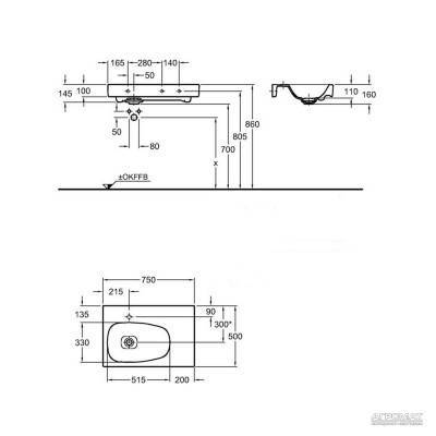 Будкрам купить Citterio Умывальник 750х500мм, полка справа, без перелива Citterio Умывальник 750х500мм, полка справа, без перелива 2