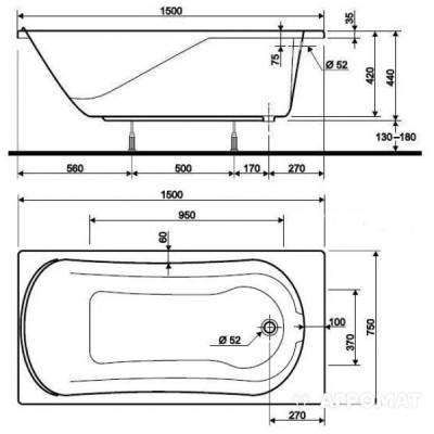 Будкрам купити Ванна акрилова прямокутна COMFORT 150х75 см у комплектi з нiжками та елементами крiплення, біла Ванна акрилова прямокутна COMFORT 150х75 см у комплектi з нiжками та елементами крiплення, біла 2