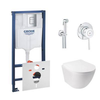 Будкрам купить Комплект инсталляция Grohe Rapid SL 38772001 + унитаз с сиденьем Qtap Jay QT07335176W + набор для гигиенического душа со смесителем Grohe BauClassic 2904800S