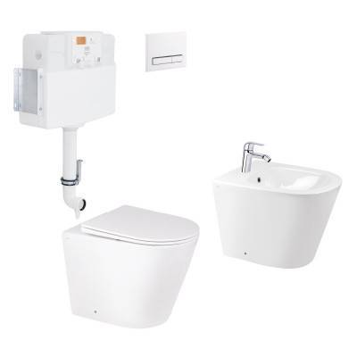 Будкрам купить Набор Qtap смывной бачок с панелью смыва Nest (QT0122490S4Q1 + QT0111M08V1384W) + унитаз Swan QT16223178W + биде Stork QT15443378W + смеситель для биде Arena QTARECRM001A