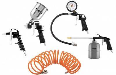 Будкрам купить Neo Tools Набор покрасочный, 5шт., краскопульт, пистолет-распылитель, пистолет для продувки, пистолет с манометром, спиральный шланг