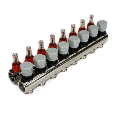 Будкрам купити Колекторна група з витратомірами та термостатичними клапанами, латунь, 1"×3/4" 8 контурів Profactor