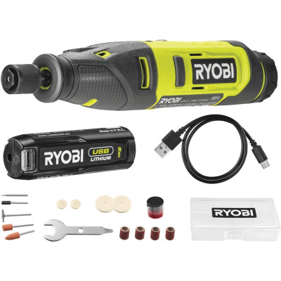 Будкрам купить Шлифмашина прямая Ryobi RRT4-120GA15, 4В USB Lithium, акб 1х2Ач, набор аксессуаров